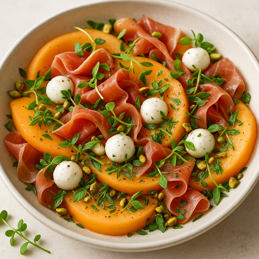 Cantaloupe Caprese Salad with Prosciutto & Microgreens — Cantaloupe microgreens recipe