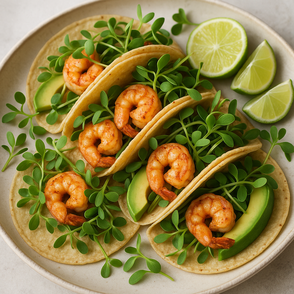 Cantaloupe Microgreen and Shrimp Tacos