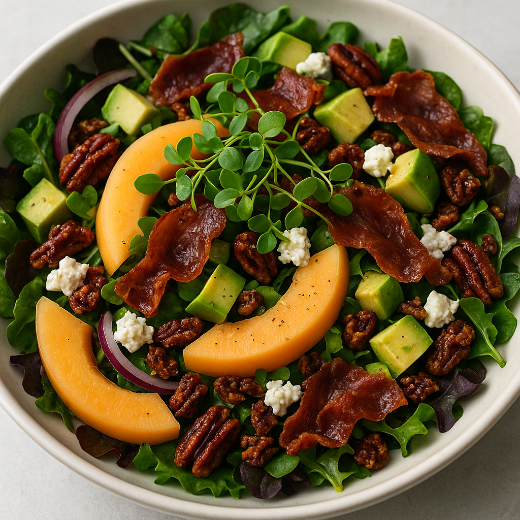 Cantaloupe & Prosciutto Salad with Avocado, Goat Cheese & Microgreens — Cantaloupe microgreens recipe