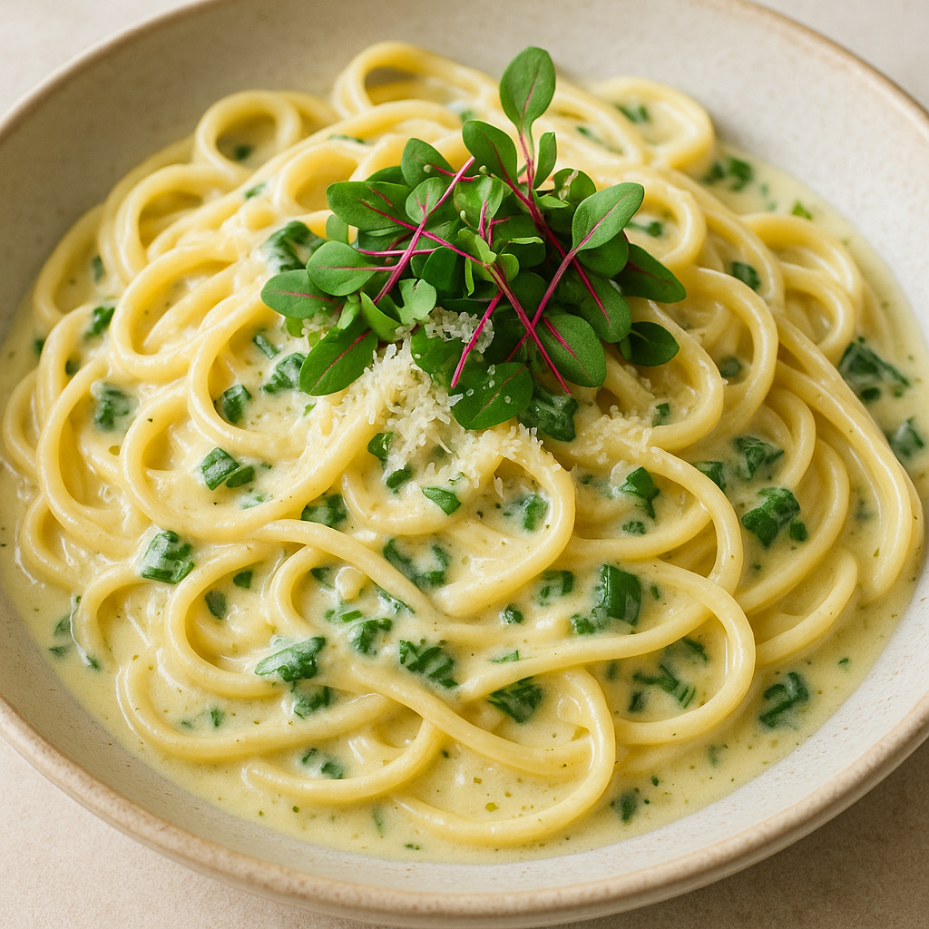 Creamy Swiss Chard Microgreen Pasta — Swiss Chard microgreens recipe