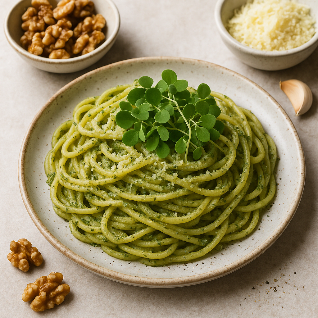 Nasturtium Microgreen Pesto Pasta — Nasturtium microgreens recipe