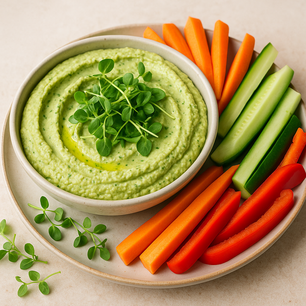 Pea Microgreens Hummus with Fresh Veggies — Pea microgreens recipe