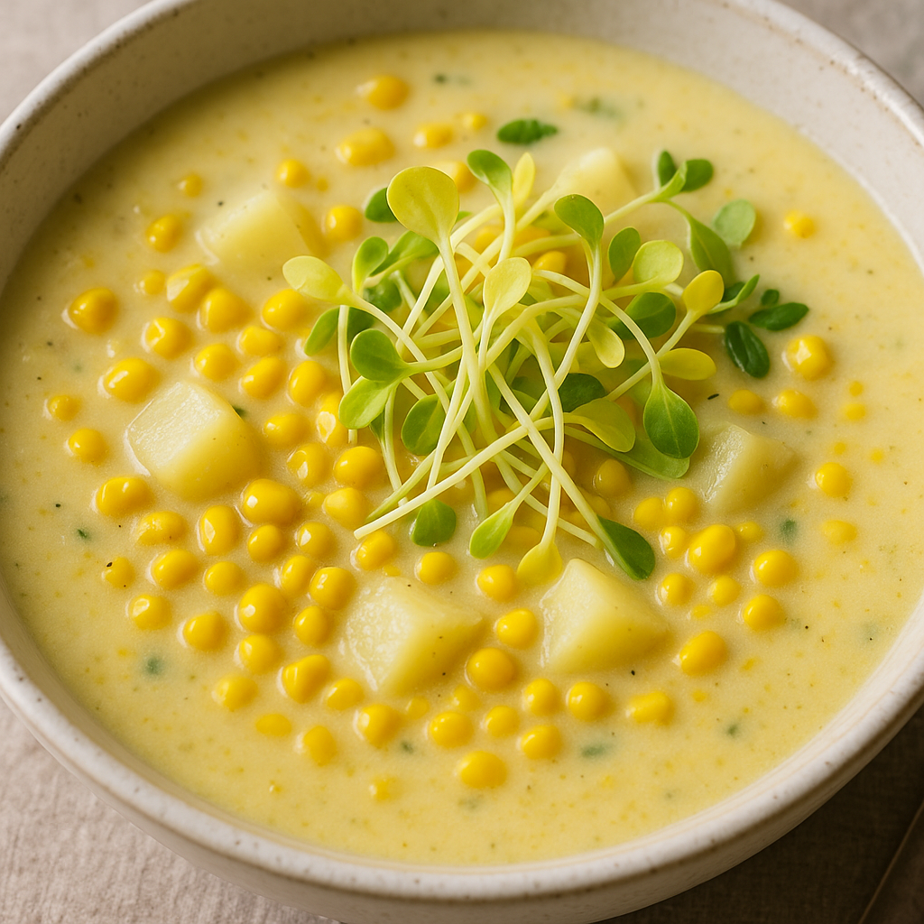 Sweet Corn Chowder with Popcorn Microgreens — Popcorn microgreens recipe
