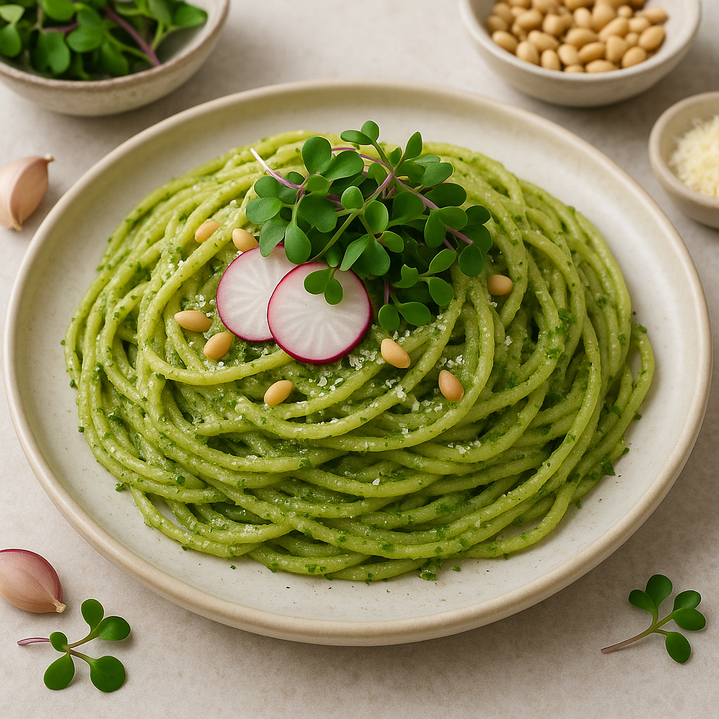 Radish Microgreen Pesto Pasta — Radish microgreens recipe