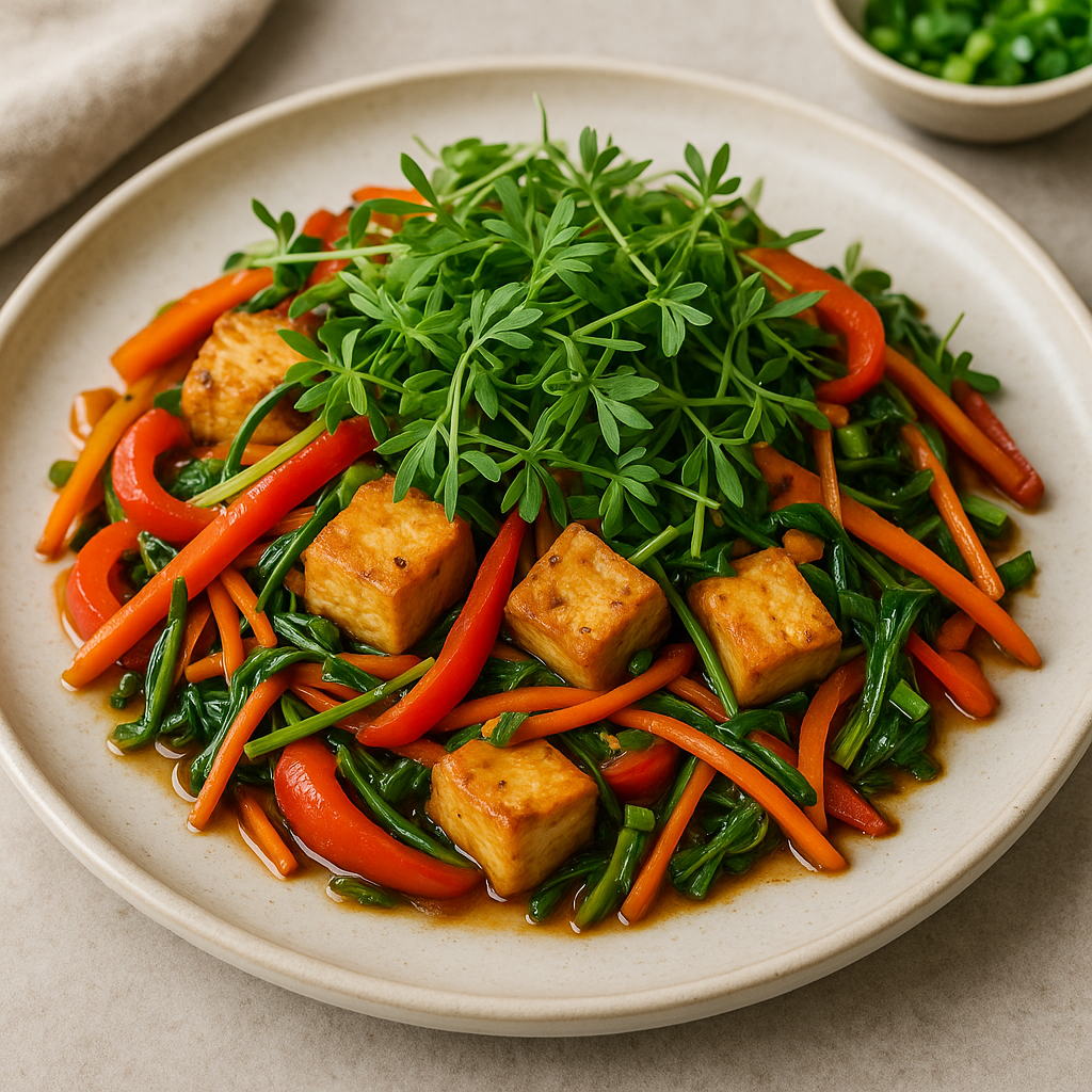 Savory Shungiku Microgreen and Tofu Stir-Fry — Shungiku recipe